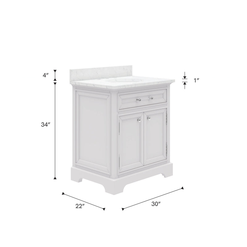 DE30CW01PW - Derby 30 In. Single Sink Pre-Assembled Traditional Style Bathroom Vanity with 1" Carrara White Marble Top