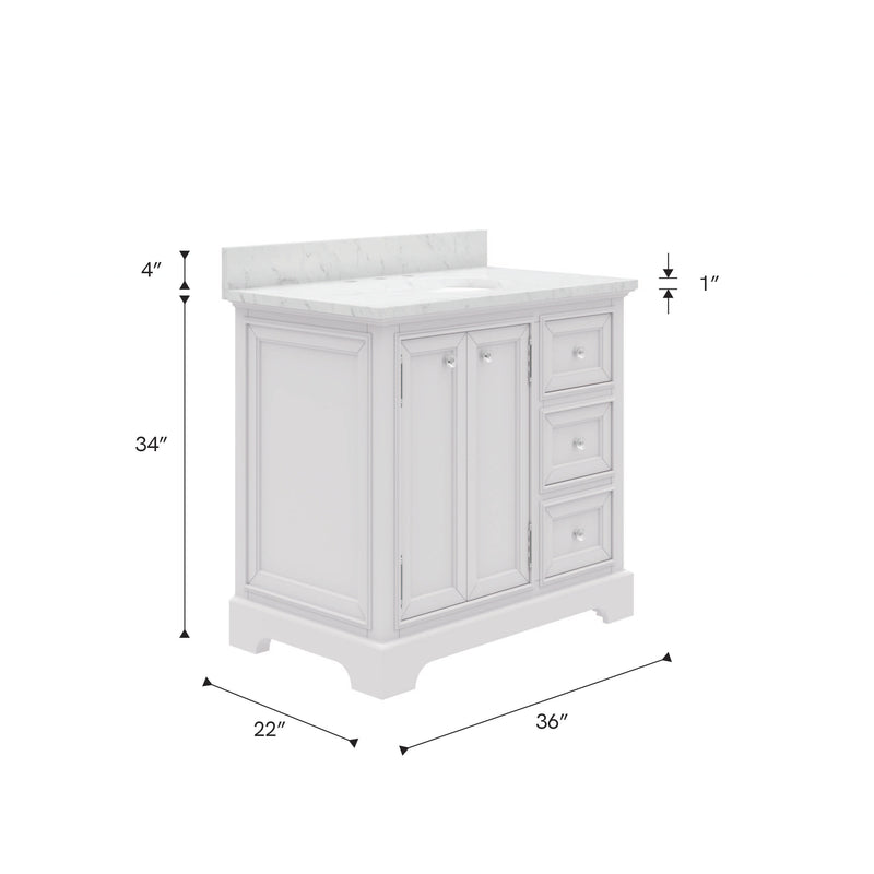 DE36CW01PW - Derby 36 In. Single Sink Pre-Assembled Traditional Style Bathroom Vanity with 1" Carrara White Marble Top