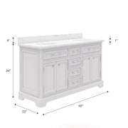 DE60CW01PW - Derby 60 In. Double Sink Pre-Assembled Traditional Style Bathroom Vanity with 1" Carrara White Marble Top