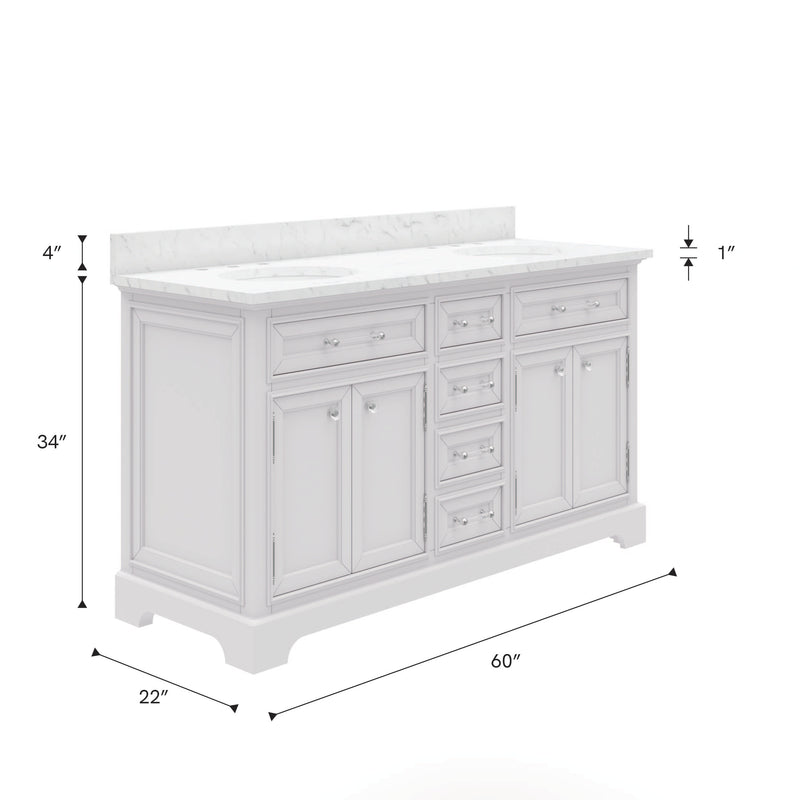 DE60CW01PW - Derby 60 In. Double Sink Pre-Assembled Traditional Style Bathroom Vanity with 1" Carrara White Marble Top