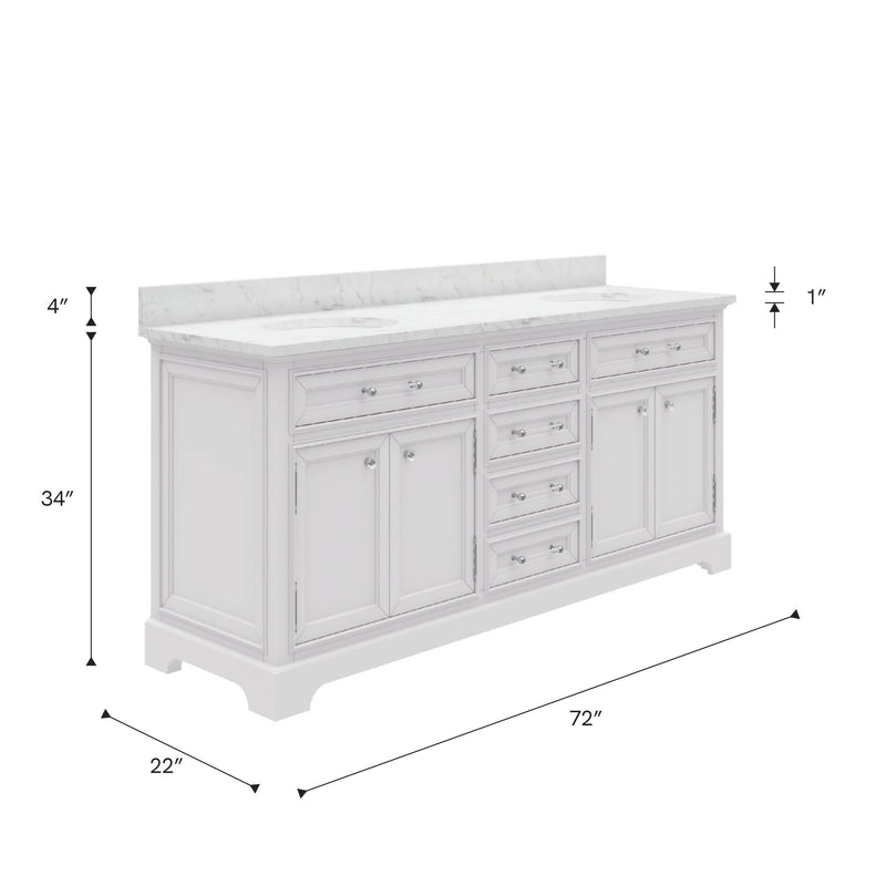 DE72CW01PW - Derby 72 In. Double Sink Pre-Assembled Traditional Style Bathroom Vanity with 1" Carrara White Marble Top