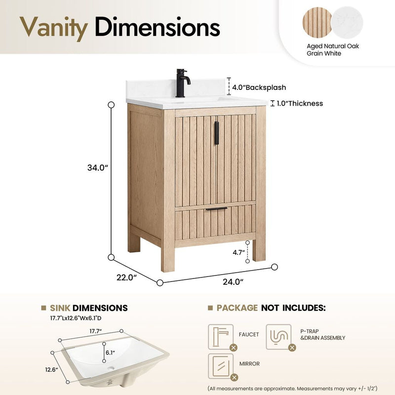 Vinnova 704224-AN-GW Shenzhen 24" Single Sink Bath Vanity in Aged Natural Oak
