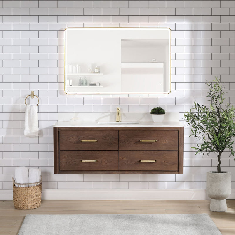 Vinnova 706655-AD-BK Cristo 55" Floating Single Bath Vanity in Aged Dark Brown Oak with Fish Maw White Quartz Stone Top