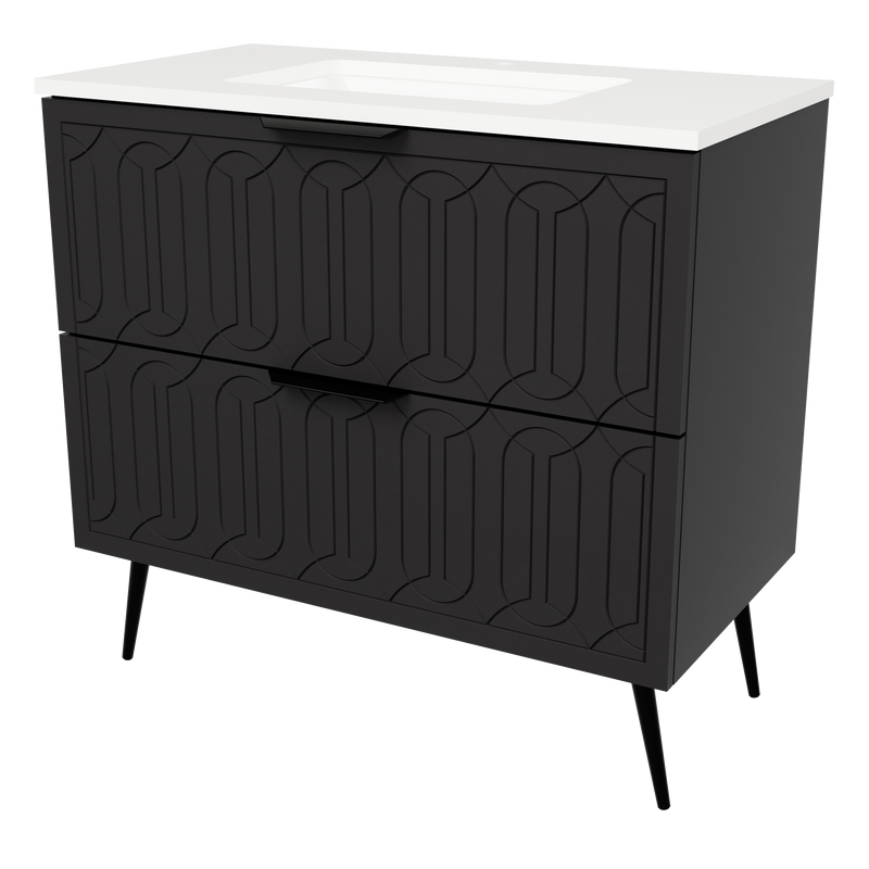 Timberline Elenora 36" Black Satin Free Standing Vanity with Arctic White SilkSurface Top and Black Hardware