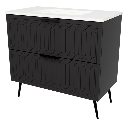 Timberline Elenora 36" Black Satin Free Standing Vanity with Arctic White SilkSurface Top and Black Hardware