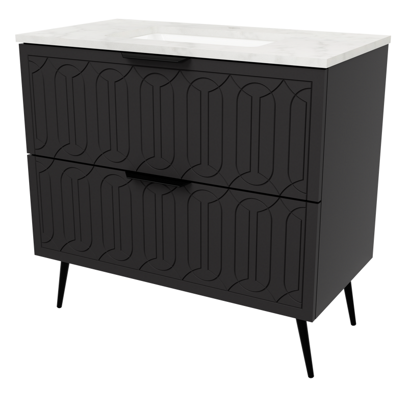 Timberline Elenora 36" Black Satin Free Standing Vanity with Carrara SilkSurface Top and Black Hardware