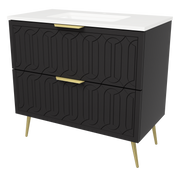 Timberline Elenora 36" Black Satin Free Standing Vanity with Arctic White SilkSurface Top and Gold Hardware