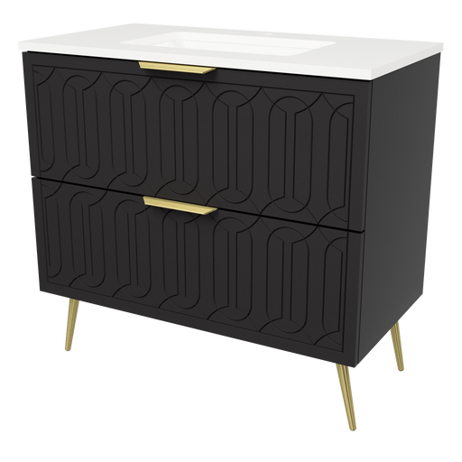 Timberline Elenora 36" Black Satin Free Standing Vanity with Arctic White SilkSurface Top and Gold Hardware