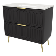Timberline Elenora 36" Black Satin Free Standing Vanity with Carrara SilkSurface Top and Gold Hardware