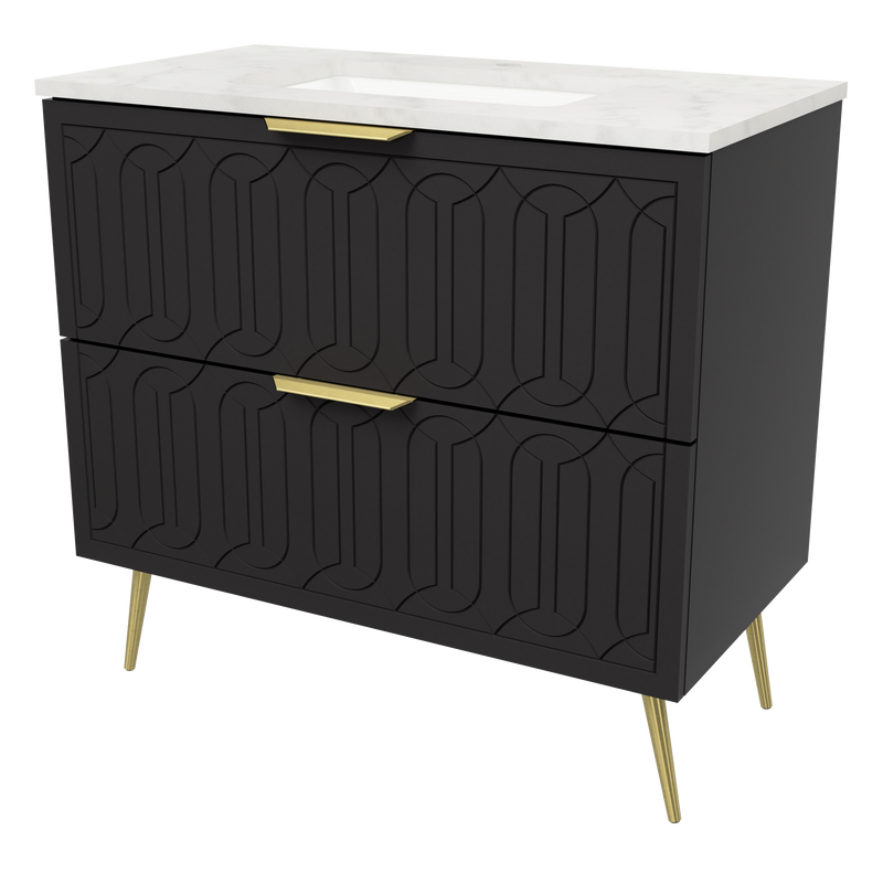 Timberline Elenora 36" Black Satin Free Standing Vanity with Carrara SilkSurface Top and Gold Hardware