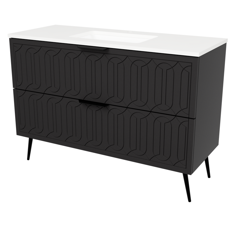 Timberline Elenora 48" Black Satin Free Standing Vanity with Arctic White SilkSurface Top and Black Hardware