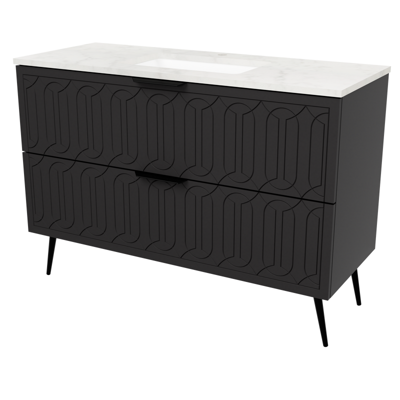 Timberline Elenora 48" Black Satin Free Standing Vanity with Carrara SilkSurface Top and Black Hardware