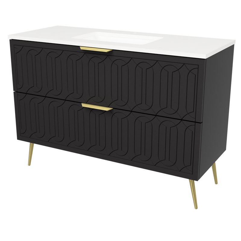 Timberline Elenora 48" Black Satin Free Standing Vanity with Arctic White SilkSurface Top and Gold Hardware