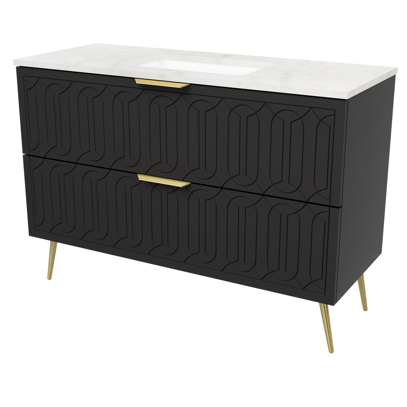 Timberline Elenora 48" Black Satin Free Standing Vanity with Carrara SilkSurface Top and Gold Hardware