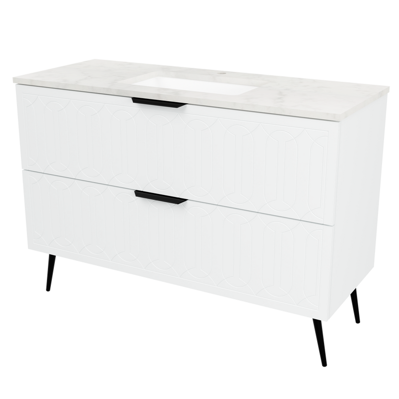 Timberline Elenora 48" White Satin Free Standing Vanity with Carrara SilkSurface Top and Black Hardware
