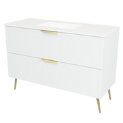 Timberline Elenora 48" White Satin Free Standing Vanity with Arctic White SilkSurface Top and Gold Hardware