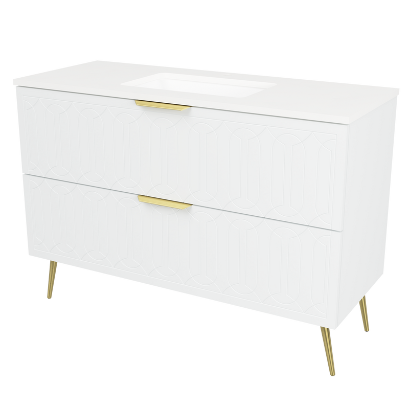 Timberline Elenora 48" White Satin Free Standing Vanity with Arctic White SilkSurface Top and Gold Hardware
