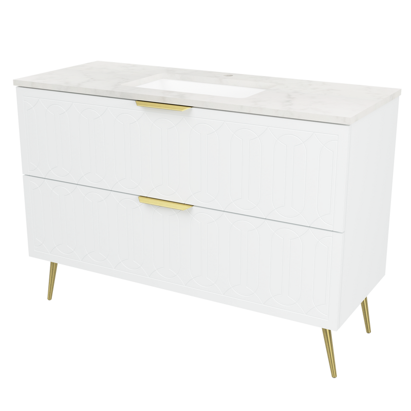 Timberline Elenora 48" White Satin Free Standing Vanity with Carrara SilkSurface Top and Gold Hardware