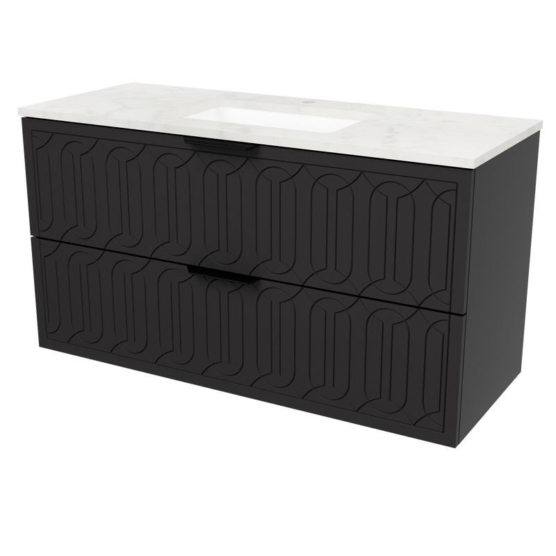 Timberline Elenora 48" Black Satin Wall Mount Vanity with Carrara SilkSurface Top and Black Hardware