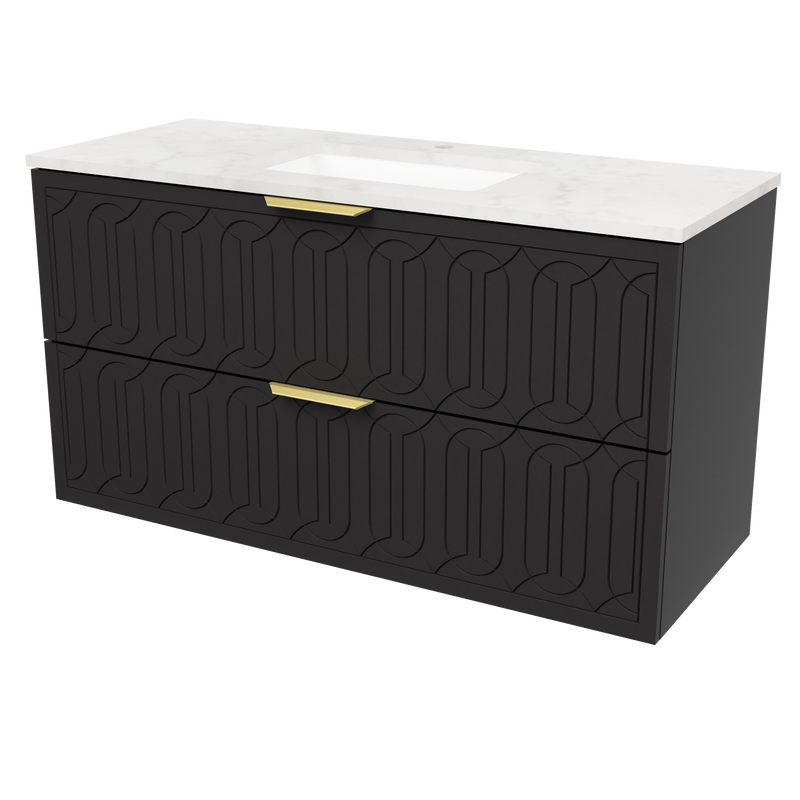 Timberline Elenora 48" Black Satin Wall Mount Vanity with Carrara SilkSurface Top and Gold Hardware