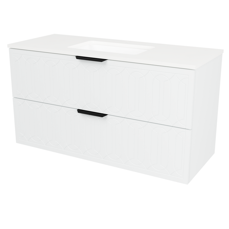 Timberline Elenora 48" White Satin Wall Mount Vanity with Arctic White SilkSurface Top and Black Hardware