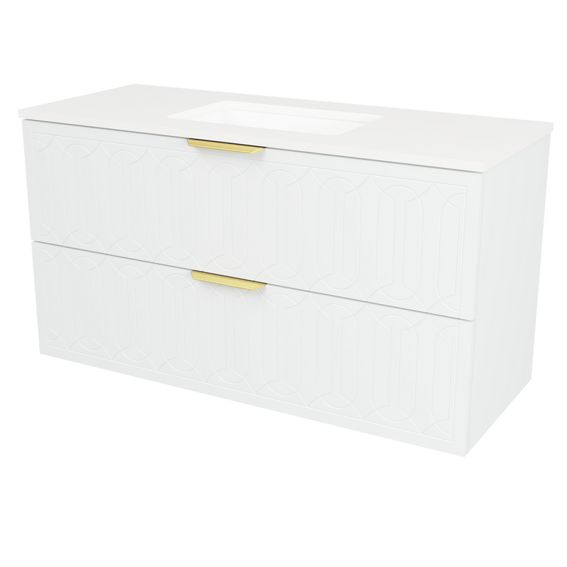 Timberline Elenora 48" White Satin Wall Mount Vanity with Arctic White SilkSurface Top and Gold Hardware