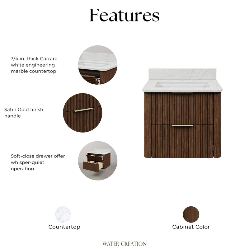 EU24EM00TO - Eureka 24 In. Single Rectangle Sink Floating Bathroom Vanity with Engineered Marble Top in Truffle Oak