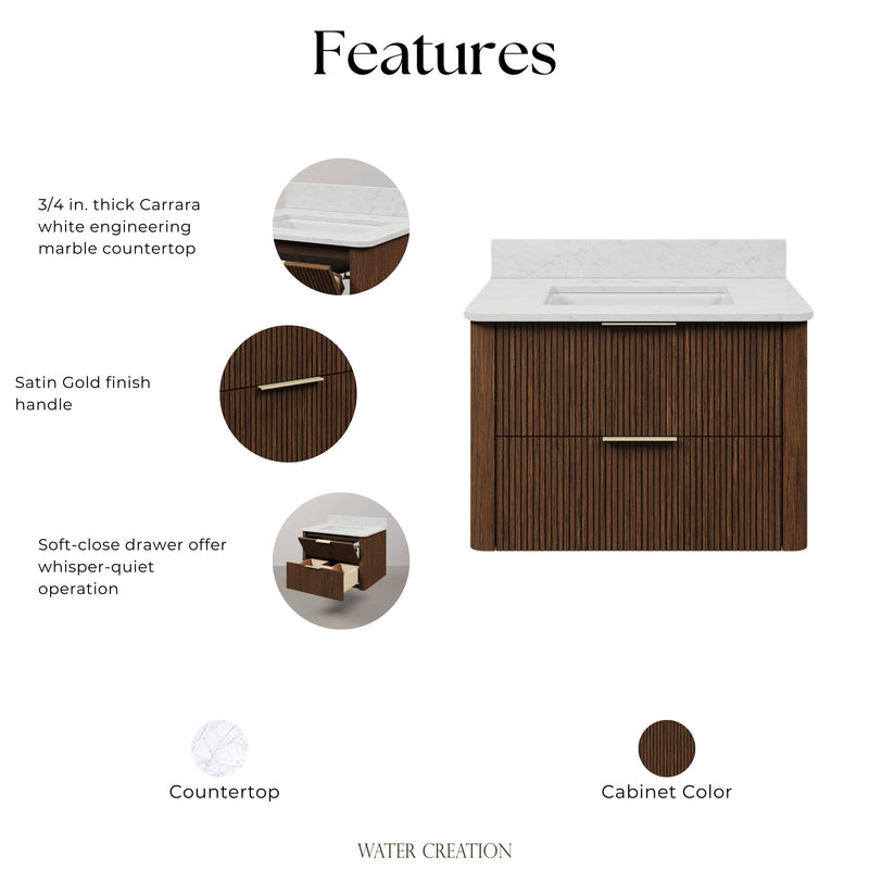 EU30EM00TO - Eureka 30 In. Single Rectangle Sink Floating Bathroom Vanity with Engineered Marble Top in Truffle Oak