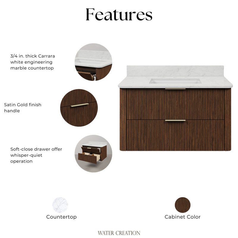 EU36EM00TO - Eureka 36 In. Single Rectangle Sink Floating Bathroom Vanity with Engineered Marble Top in Truffle Oak
