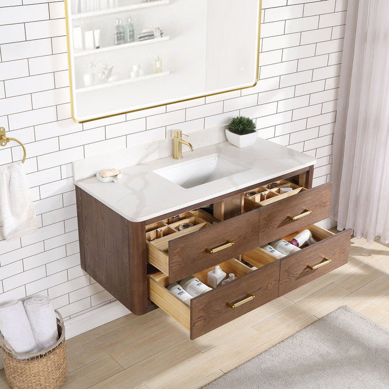 Vinnova 706648-AD-BK Cristo 48" Floating Single Bath Vanity in Aged Dark Brown Oak with Fish Maw White Quartz Stone Top