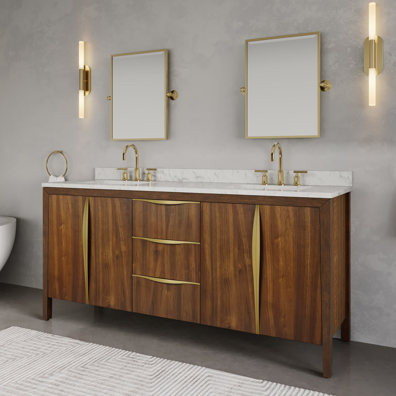 FE72CW06NJ - Ferrero 72 In. Single Sink Pre-Assembled Mid-Century Style Bathroom Vanity With 1" Carrara White Marble Top