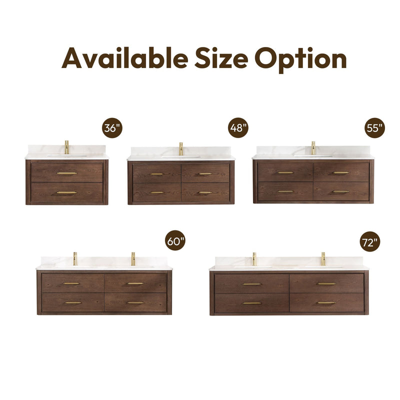Vinnova 706660M-AD-BK Cristo 60M" Floating Double Bath Vanity in Aged Dark Brown Oak with Fish Maw White Quartz Stone Top