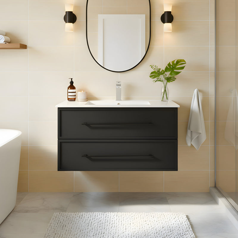 Cutler FV BLACK36MS Milano 36" Single Sink Wall Mount Cultured Marble Top Shaker Vanity - Black