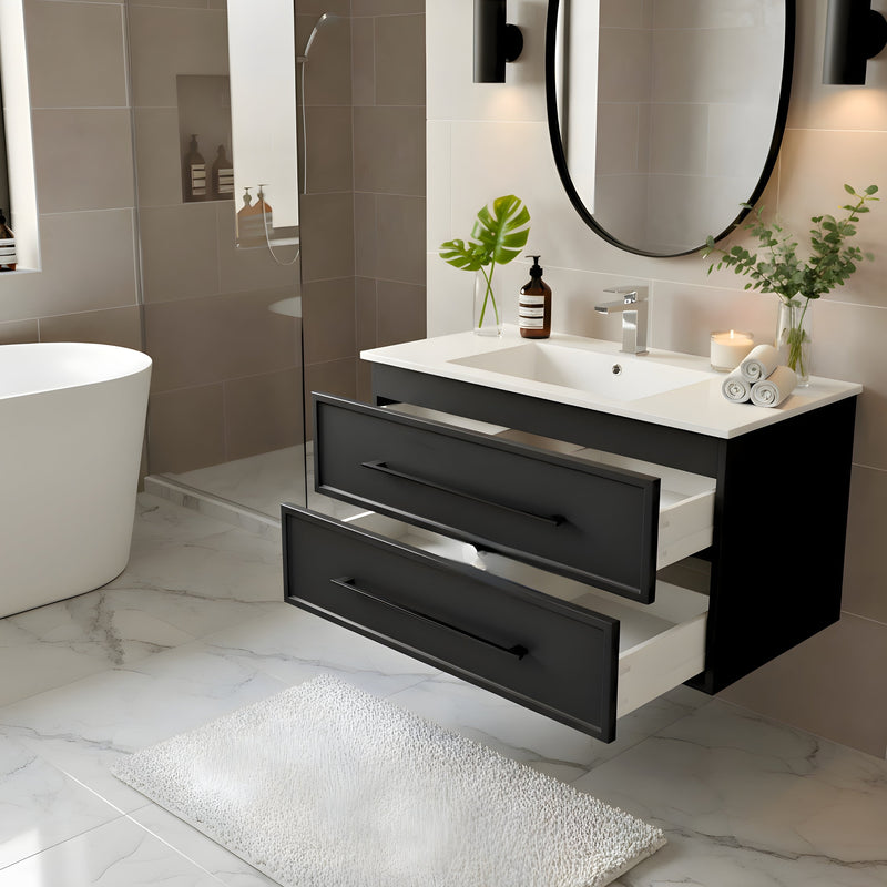 Cutler FV BLACK36MS Milano 36" Single Sink Wall Mount Cultured Marble Top Shaker Vanity - Black