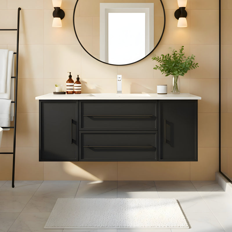 Cutler FV BLACK48MS Milano 48" Single Sink Wall Mount Cultured Marble Top Shaker Vanity - Black