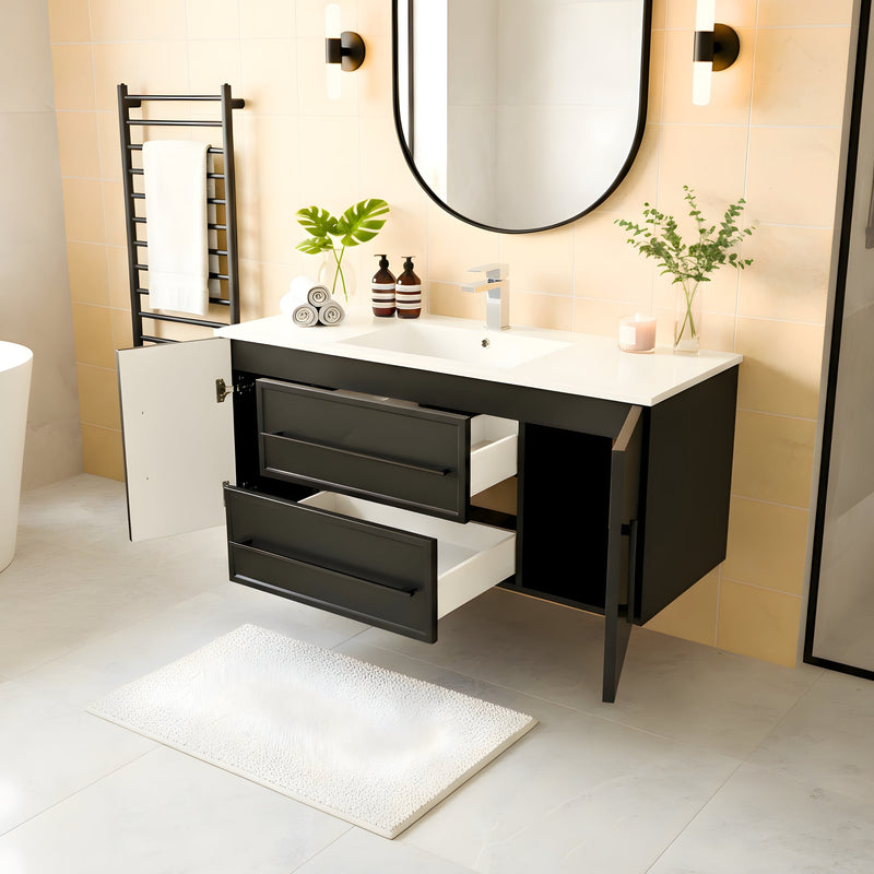 Cutler FV BLACK48MS Milano 48" Single Sink Wall Mount Cultured Marble Top Shaker Vanity - Black