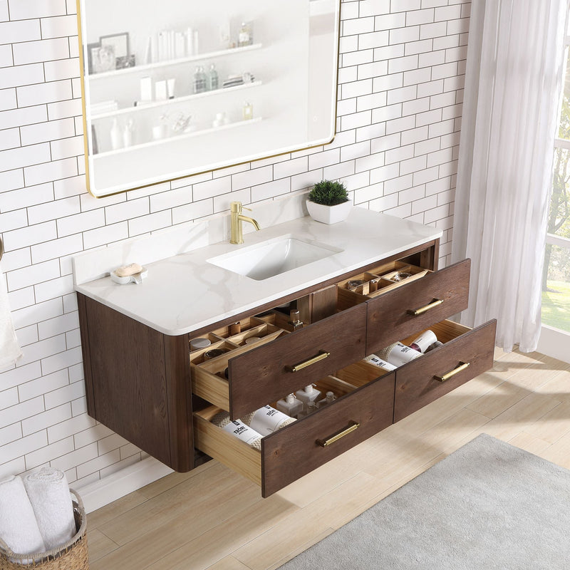 Vinnova 706655-AD-BK Cristo 55" Floating Single Bath Vanity in Aged Dark Brown Oak with Fish Maw White Quartz Stone Top