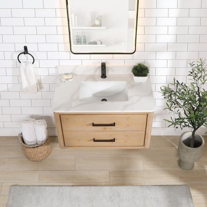 Vinnova 706636-FN-BK Cristo 36" Floating Single Bath Vanity in Fir Wood Brown with Fish Maw White Quartz Stone Top