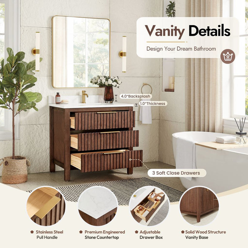 Vinnova 704236-AD-GW Shenzhen 36" Single Sink Bath Vanity in Aged Dark Brown Oak