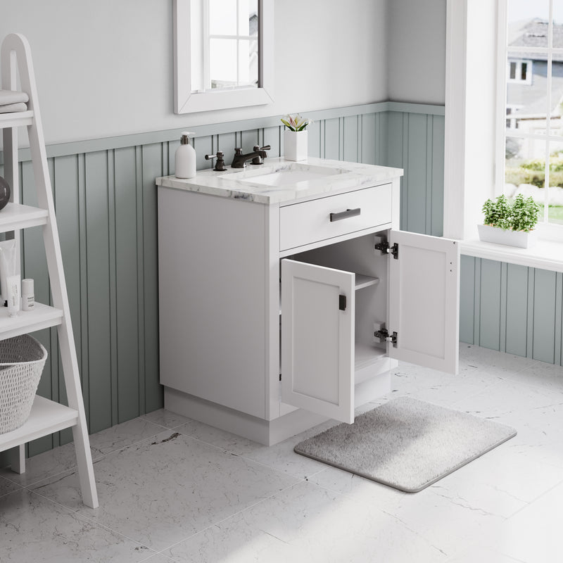 HA30CW03PW - Hartford 30 In. Single Sink Pre-Assembled Transitional Style Bathroom Vanity With 1" Carrara White Marble Top