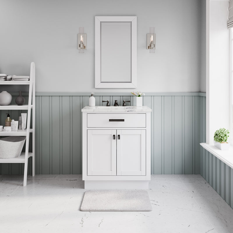 HA30CW03PW - Hartford 30 In. Single Sink Pre-Assembled Transitional Style Bathroom Vanity With 1" Carrara White Marble Top