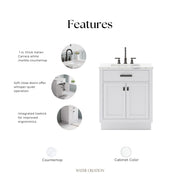 HA30CW03PW - Hartford 30 In. Single Sink Pre-Assembled Transitional Style Bathroom Vanity With 1" Carrara White Marble Top