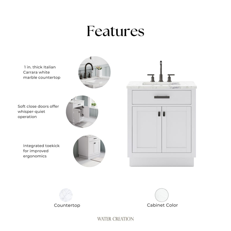 HA30CW03PW - Hartford 30 In. Single Sink Pre-Assembled Transitional Style Bathroom Vanity With 1" Carrara White Marble Top