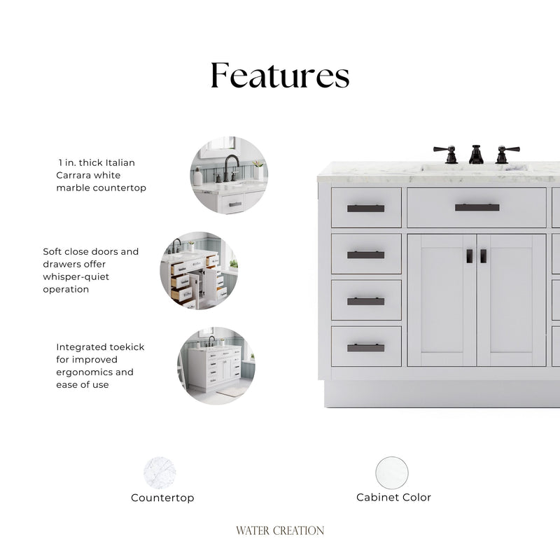 HA48CW03PW - Hartford 48 In. Single Sink Pre-Assembled Transitional Style Bathroom Vanity With 1" Carrara White Marble Top