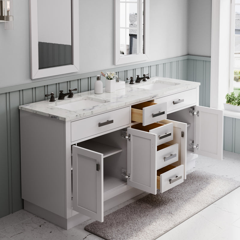 HA72CW03PW - Hartford 72 In. Double Sink Pre-Assembled Transitional Style Bathroom Vanity With 1" Carrara White Marble Top