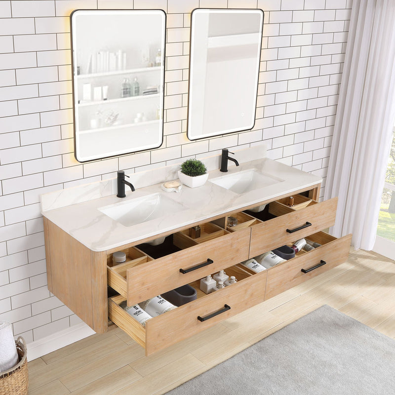 Vinnova 706672-FN-BK Cristo 72" Floating Double Bath Vanity in Fir Wood Brown with Fish Maw White Quartz Stone Top