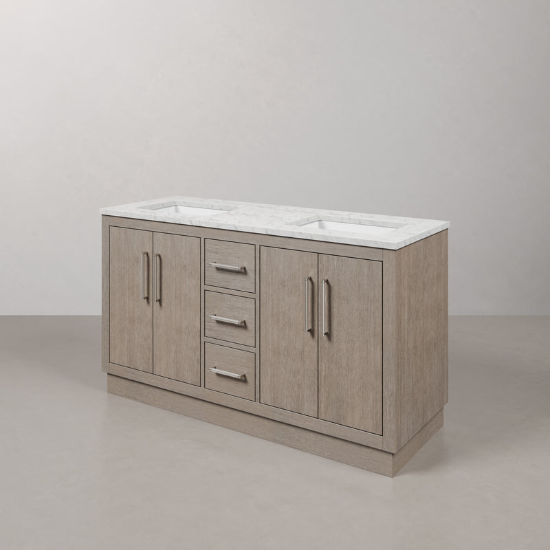 Water Creation HU60CW - Hugo 60 In. Double Sink Pre-Assembled Mid-Century Style Bathroom Vanity With 1" Carrara White Marble Top