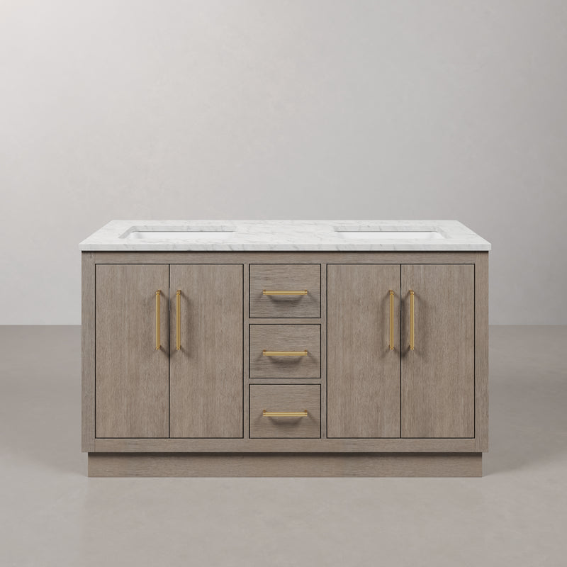 Water Creation HU60CW - Hugo 60 In. Double Sink Pre-Assembled Mid-Century Style Bathroom Vanity With 1" Carrara White Marble Top