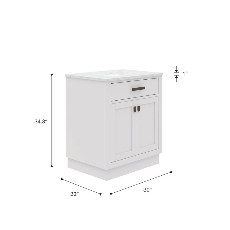 HA30CW03PW - Hartford 30 In. Single Sink Pre-Assembled Transitional Style Bathroom Vanity With 1" Carrara White Marble Top