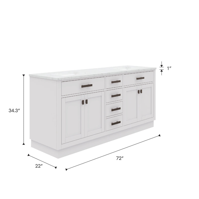 HA72CW03PW - Hartford 72 In. Double Sink Pre-Assembled Transitional Style Bathroom Vanity With 1" Carrara White Marble Top